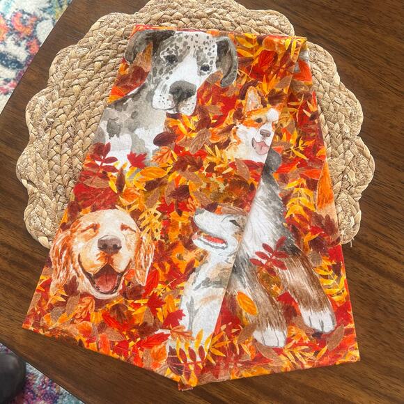 Anthropologie Dogs Fall Leaves Autumn Dish Kitchen Hand Tea Towel Orange Motif - Picture 1 of 7